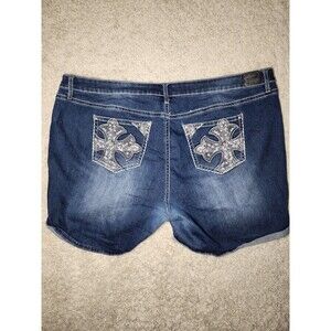 Love Indigo Blue Denim Shorts Size 24 Cross Embroidery Rhinestones Cuffed